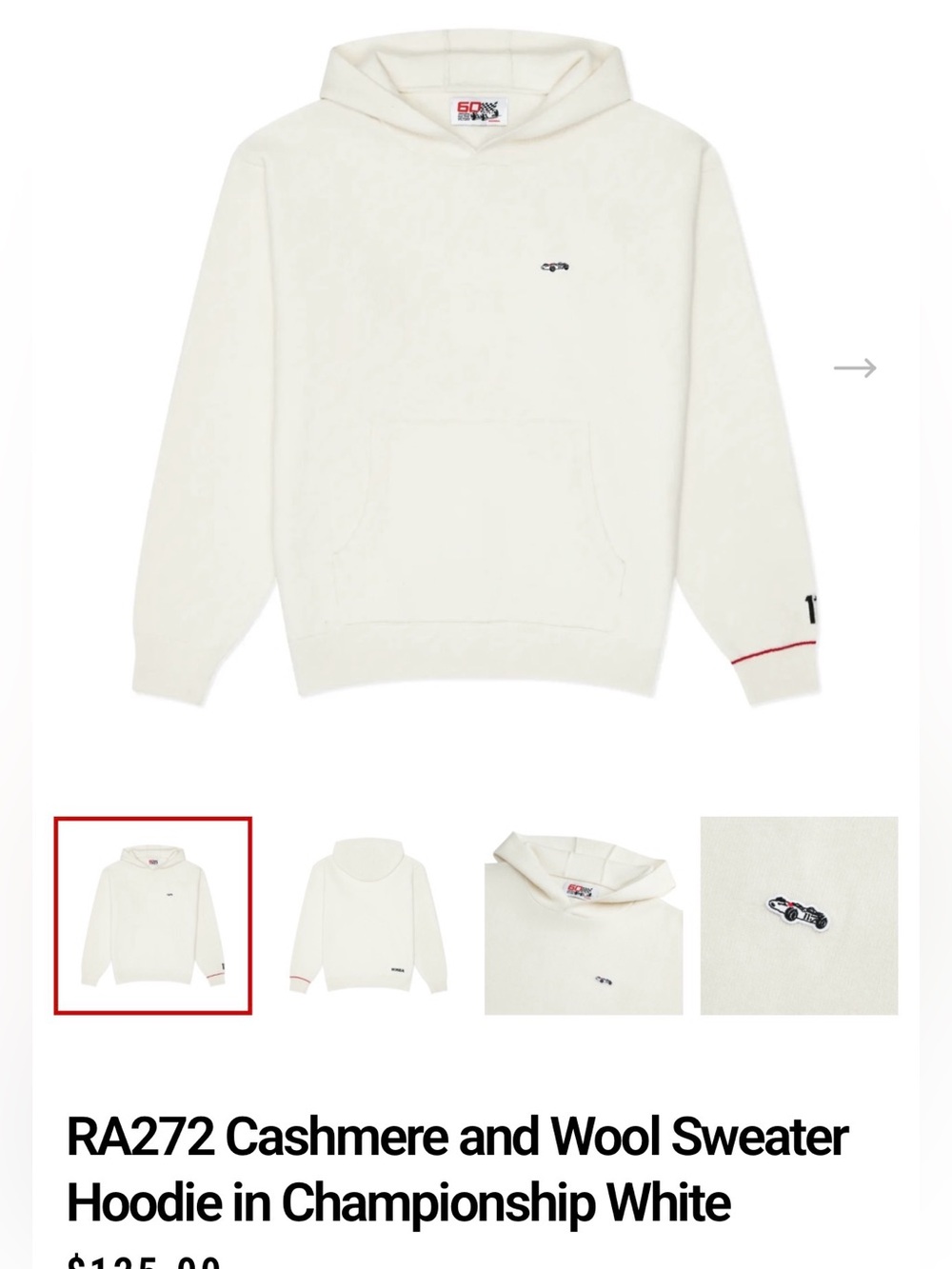 HONDA RA727 Cashmere & Wool Hoodie Sweatshirt in Championship White US size larg